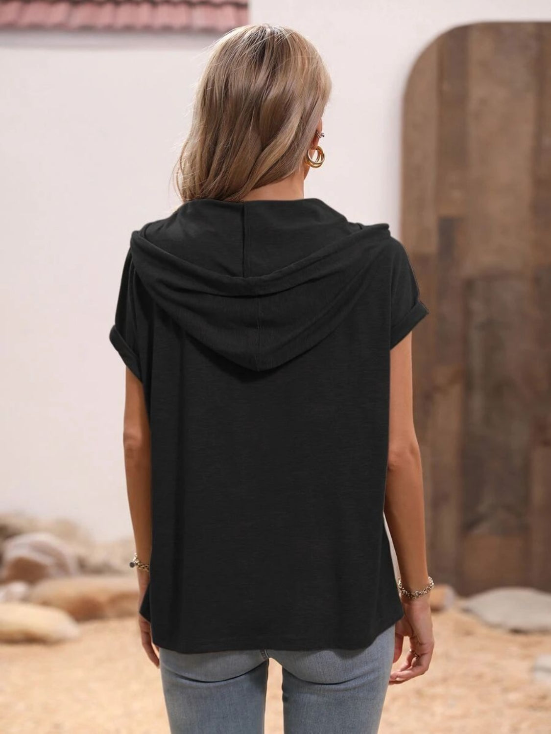 Half Button Hooded Short Sleeve Blouse - T - 4 COLORS -