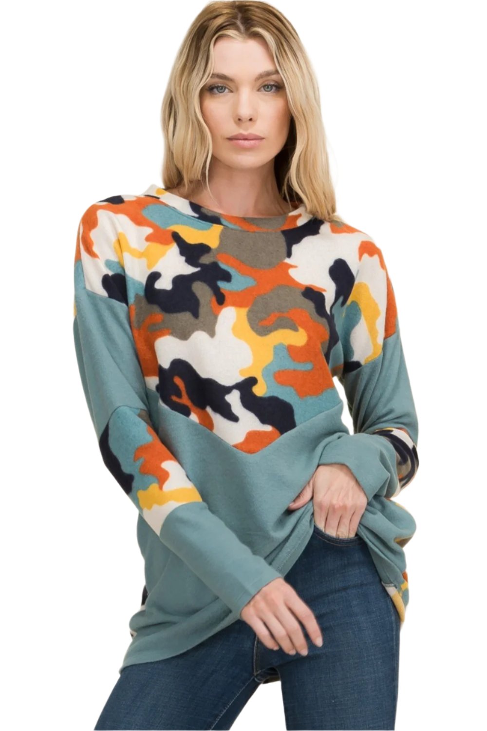 Celeste Camo Print Contrast Long Sleeve T-Shirt - T - 1 COLOR -