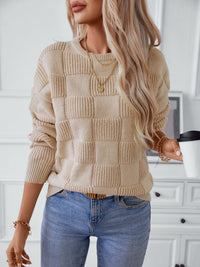 Thumbnail for Checkered Round Neck Long Sleeve Sweater - T - 2 COLORS -