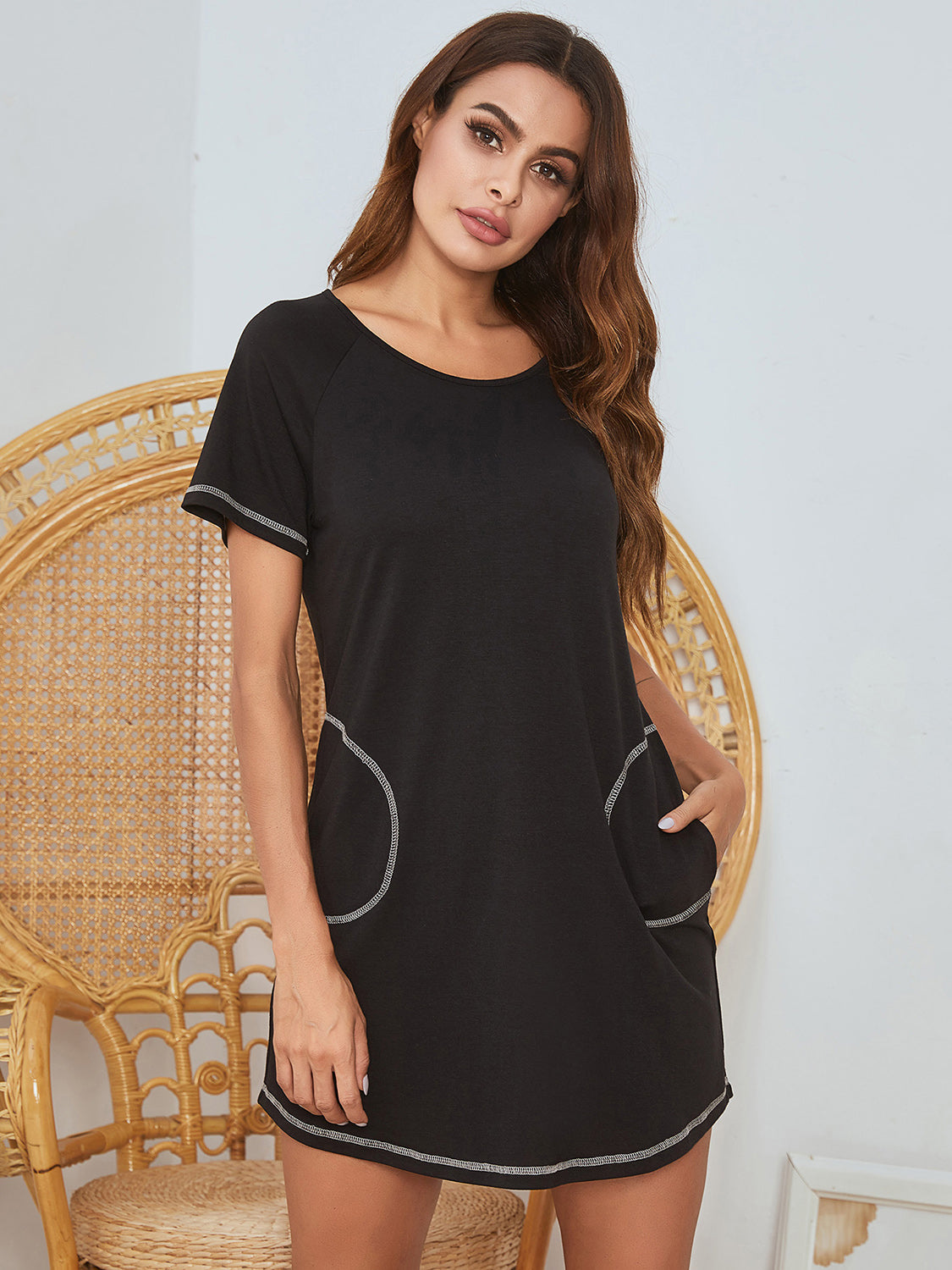 Round Neck Short Sleeve Lounge Dress - T - 3 COLORS -