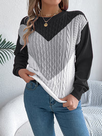 Thumbnail for Contrast Round Neck Long Sleeve Sweater - T - 3 COLORS -