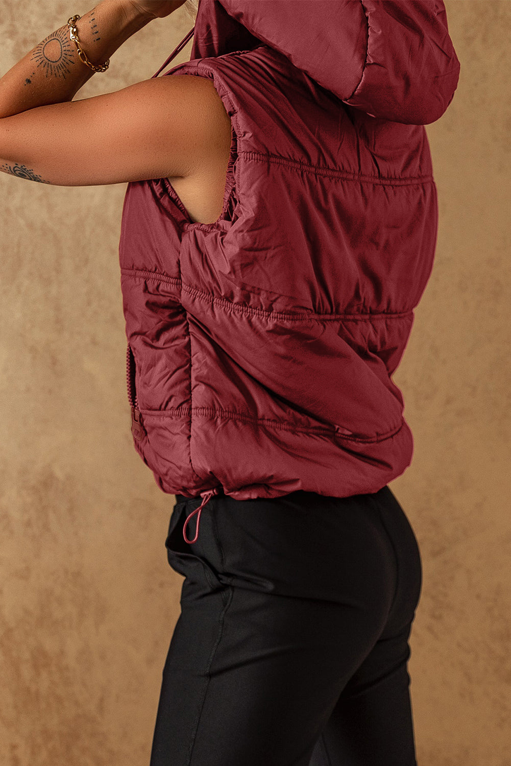 Drawstring Zip Up Hooded Vest Jacket - T - 1 COLOR -