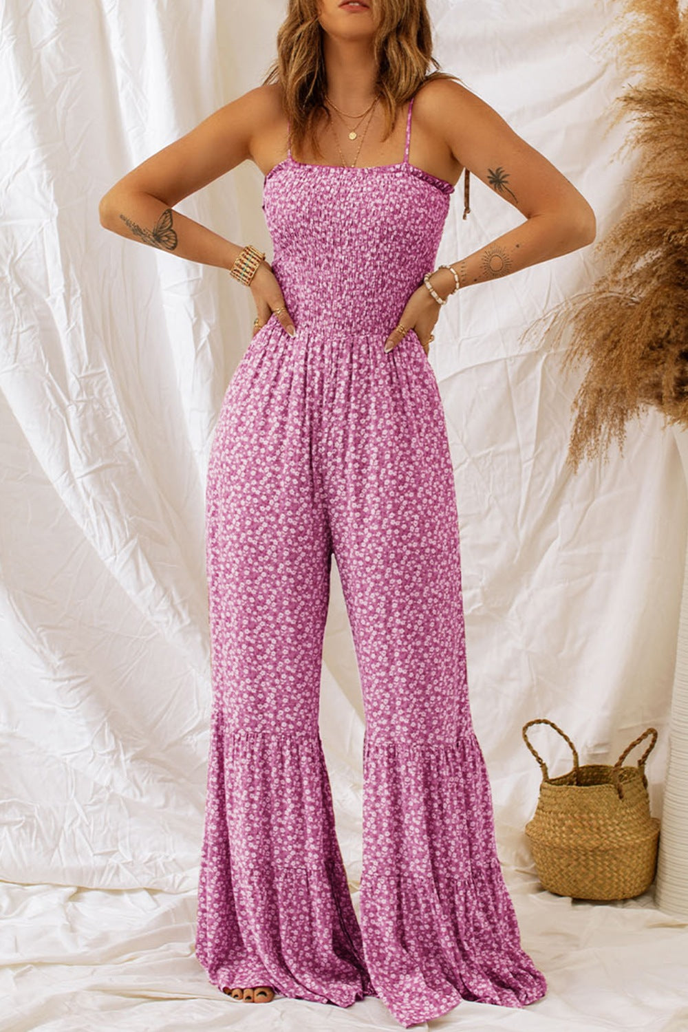 Smocked Printed Wide Strap Jumpsuit - T - 2 COLORS -