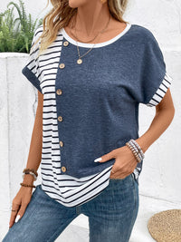 Thumbnail for Decorative Button Striped Round Neck Short Sleeve Top - T - 1 COLOR -