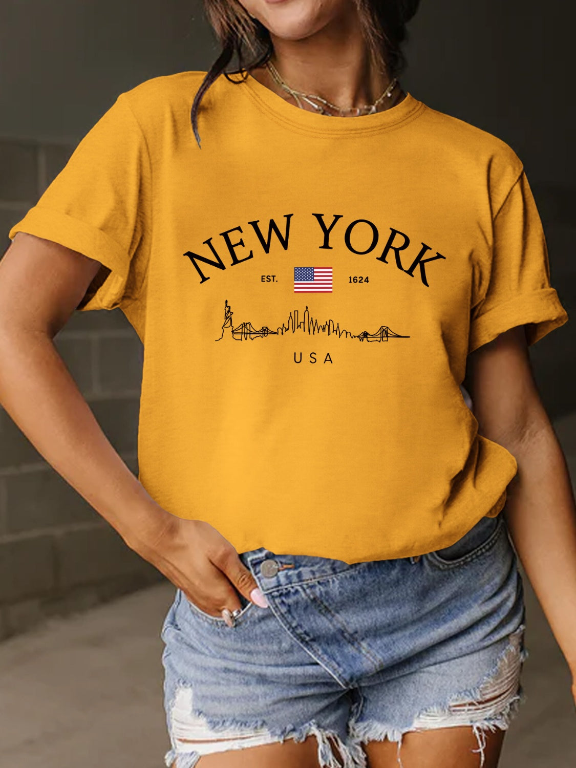 New York Skyline Letter Graphic Round Neck Short Sleeve T-Shirt - 10 COLORS -