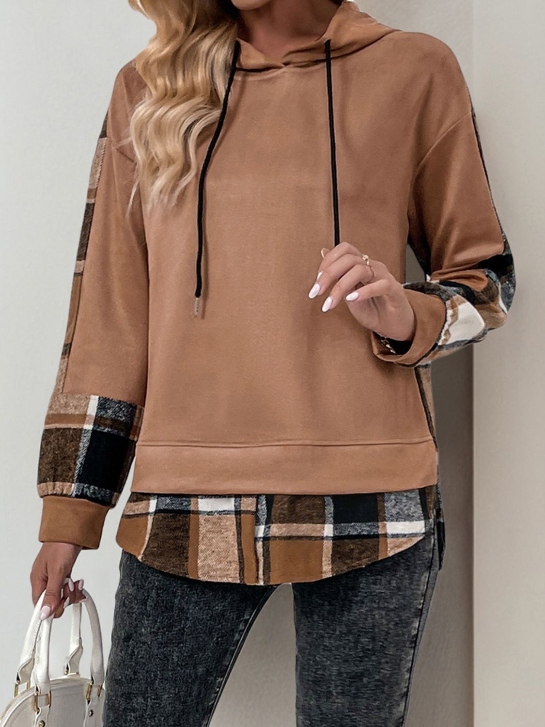 Perfee Drawstring Slit Plaid Long Sleeve Hoodie - T - 1 COLOR -