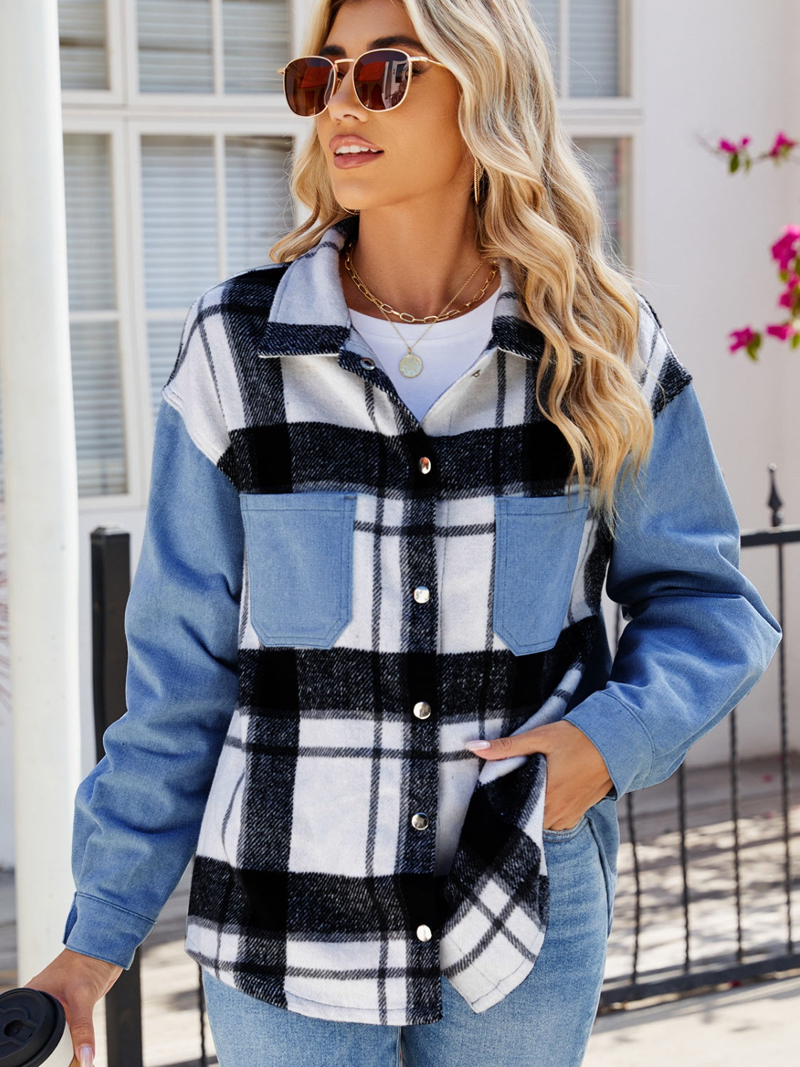 Pocketed Plaid Snap Down Denim Jacket - T - 1 COLOR -