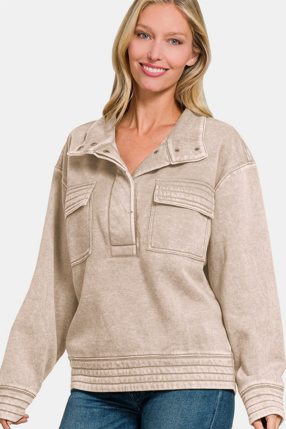 Zenana Acid Washed Half Snap Fleece Sweatshirt - T - 1 COLOR -