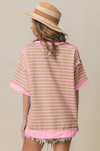 Thumbnail for BiBi Exposed Seam Stripe Contrast T-Shirt - T - 1 COLOR -