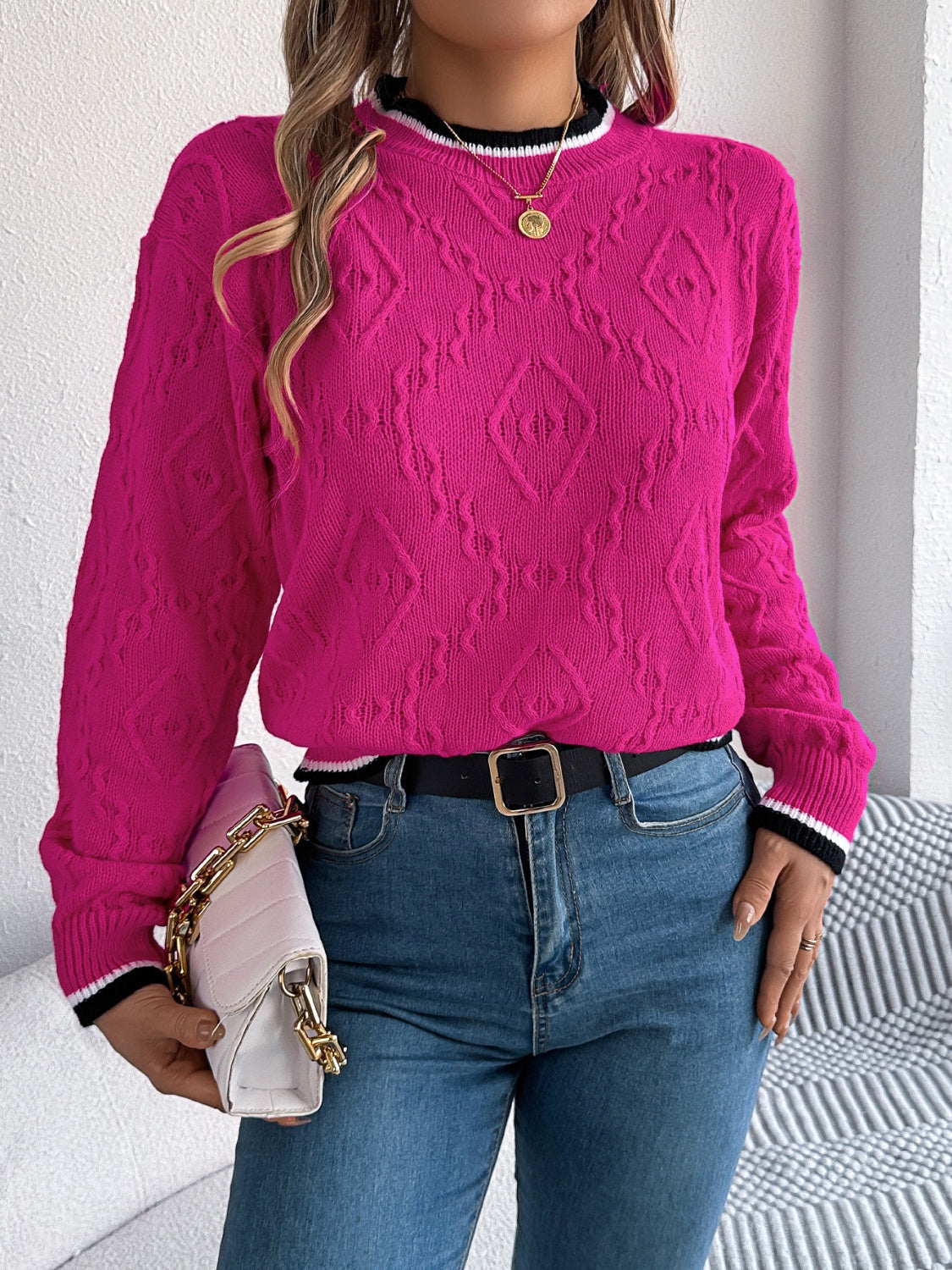 Contrast Trim Round Neck Long Sleeve Sweater - T - 3 COLORS -