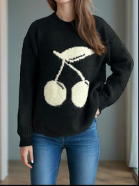 Thumbnail for Cherry Round Neck Long Sleeve Sweater - 1 OVERSIZE - T - 3 COLORS -