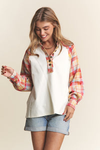 Thumbnail for J.NNA Plaid Contrast Button Down Henley Top - T - 1 COLOR -