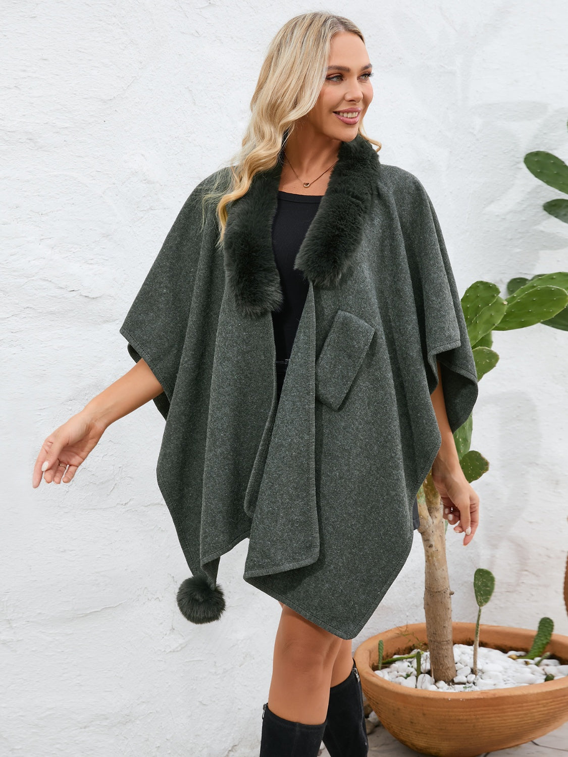 Fuzzy Trim Open Front Poncho - ONE SIZE - T - 6 COLORS -