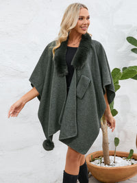 Thumbnail for Fuzzy Trim Open Front Poncho - ONE SIZE - T - 6 COLORS -