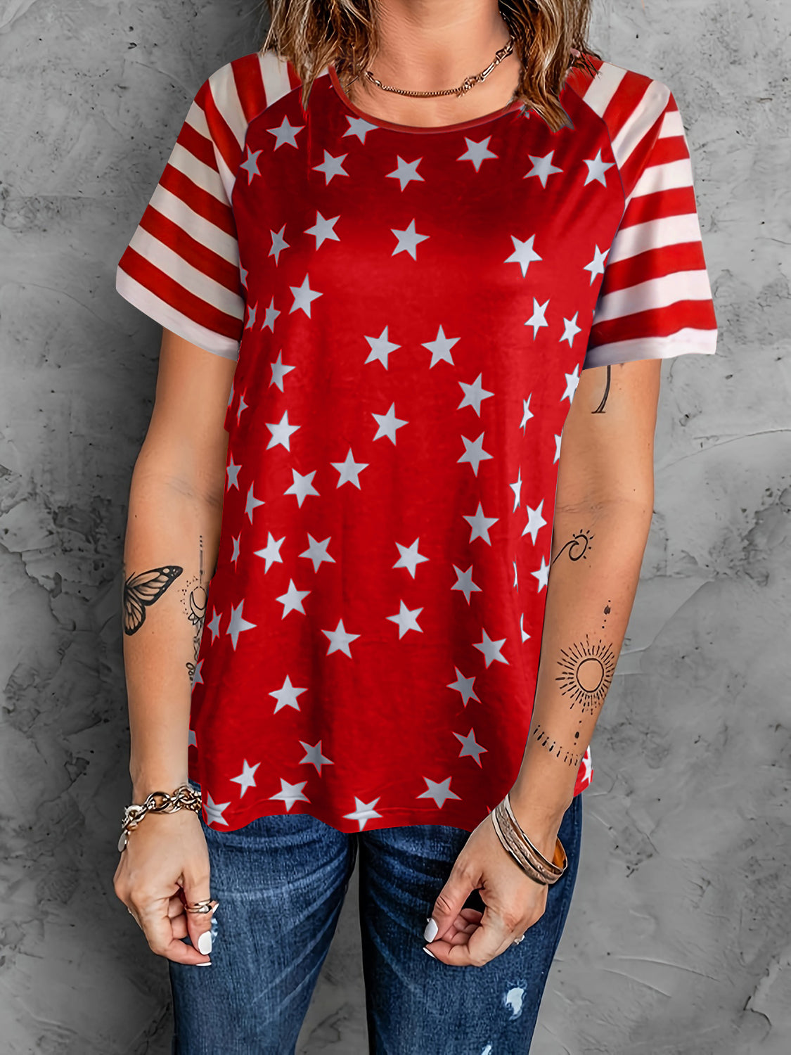 Full Size Star Striped Round Neck Short Sleeve T-Shirt - T - 3 COLORS -