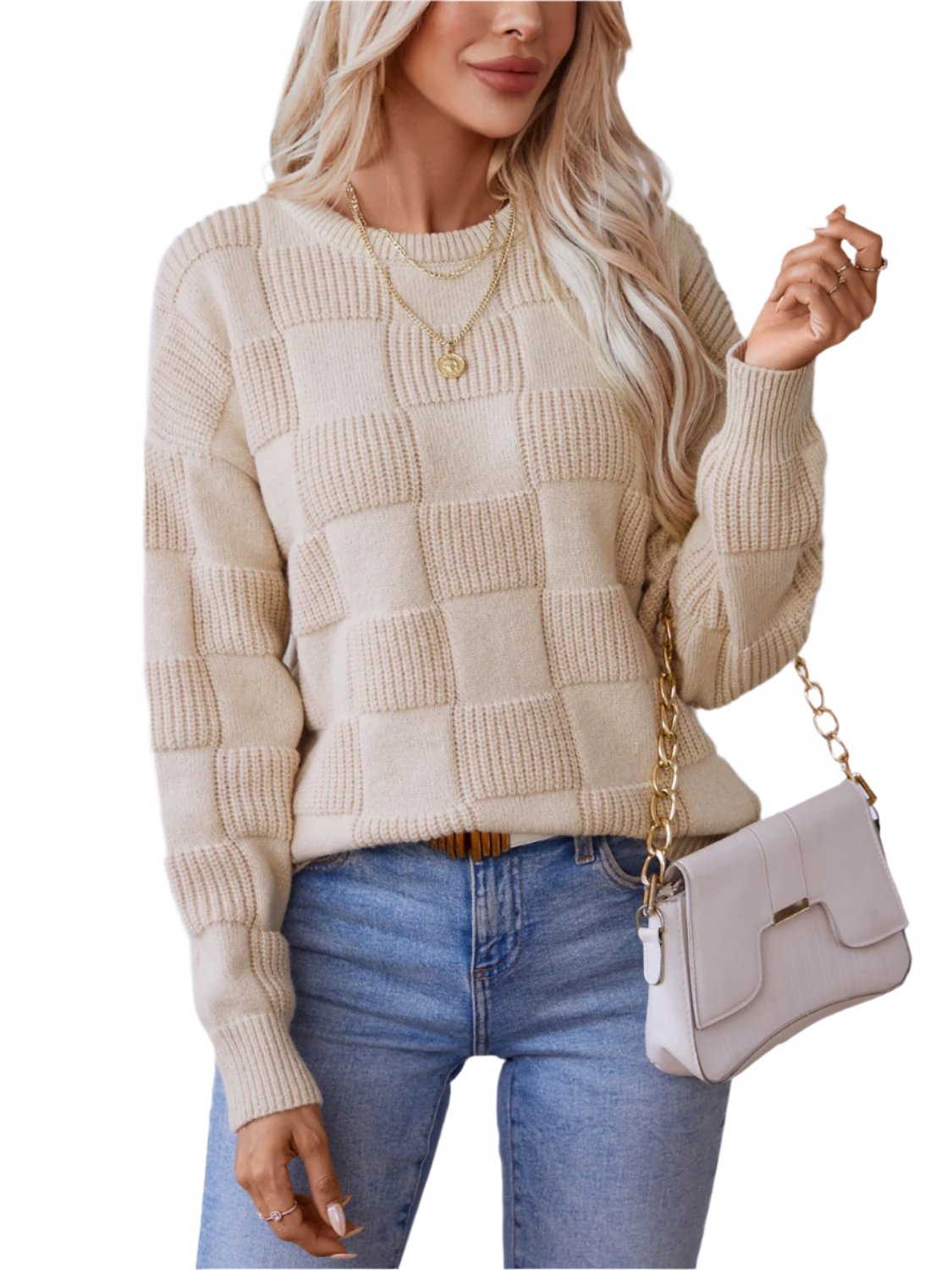 Checkered Round Neck Long Sleeve Sweater - T - 2 COLORS -