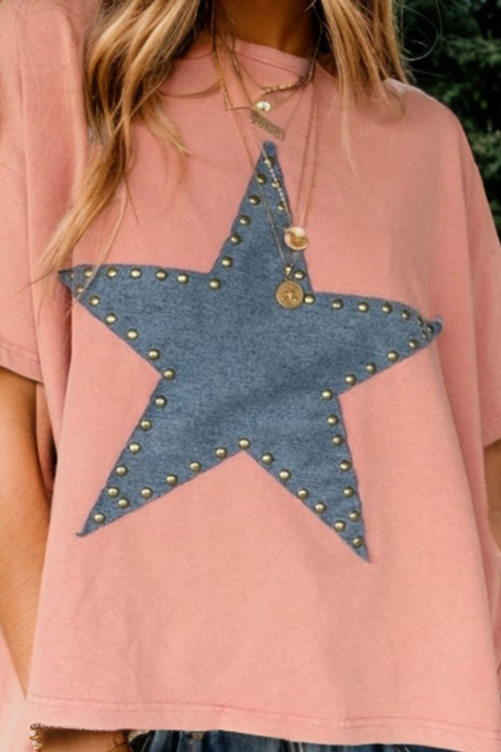 Studded Star Round Neck Draped Short Sleeve T-Shirt - T - 1 COLOR -