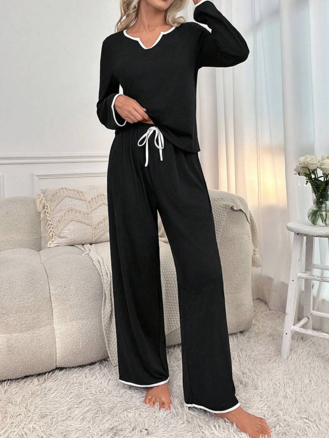 Contrast Trim Notched Long Sleeve Top and Pants Lounge Set - 2 PCS. - T - 1 COLOR -