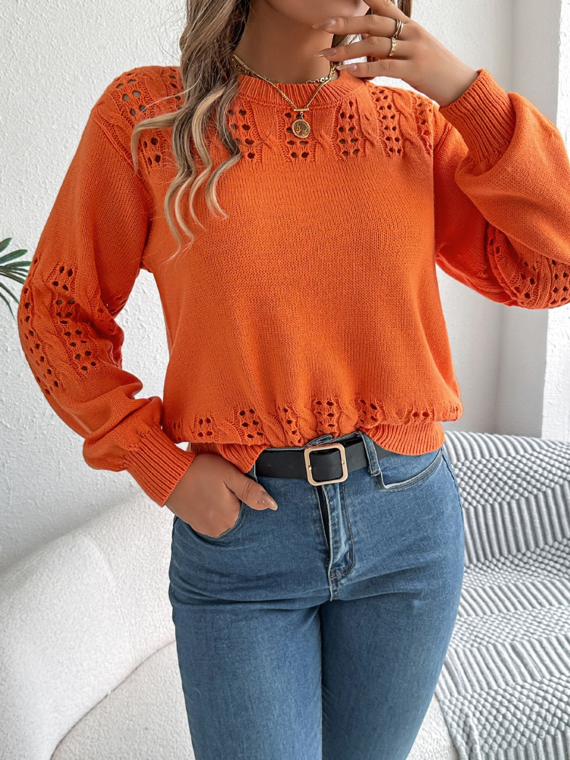 Openwork Round Neck Long Sleeve Sweater - T - 3 COLORS -