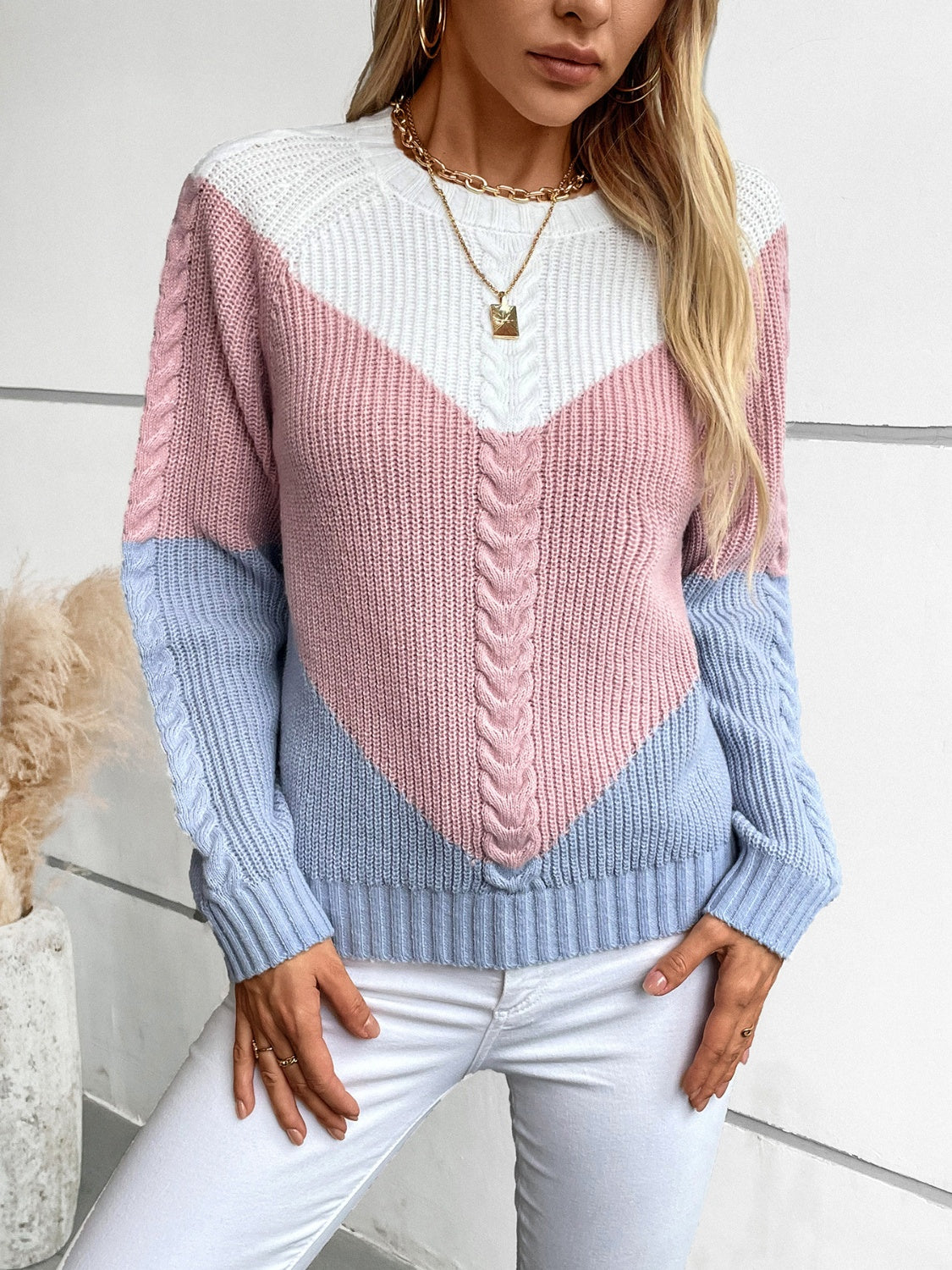 Color Block Round Neck Long Sleeve Sweater - T - 2 COLORS -