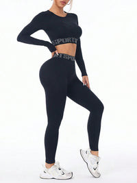 Thumbnail for Letter Print Round Neck Long Sleeve Top and Leggings Active set - 2 PCS. - T - 1 COLOR -