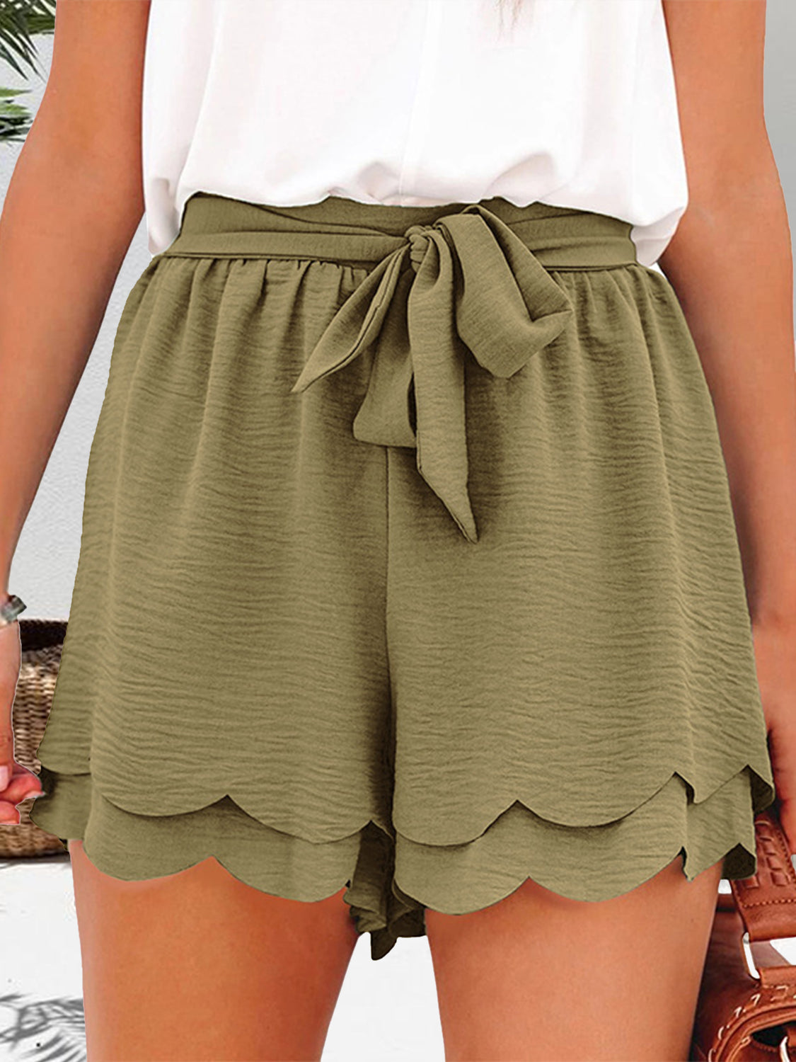 Tied Layered Scalloped Hem Shorts - T - 2 COLORS -