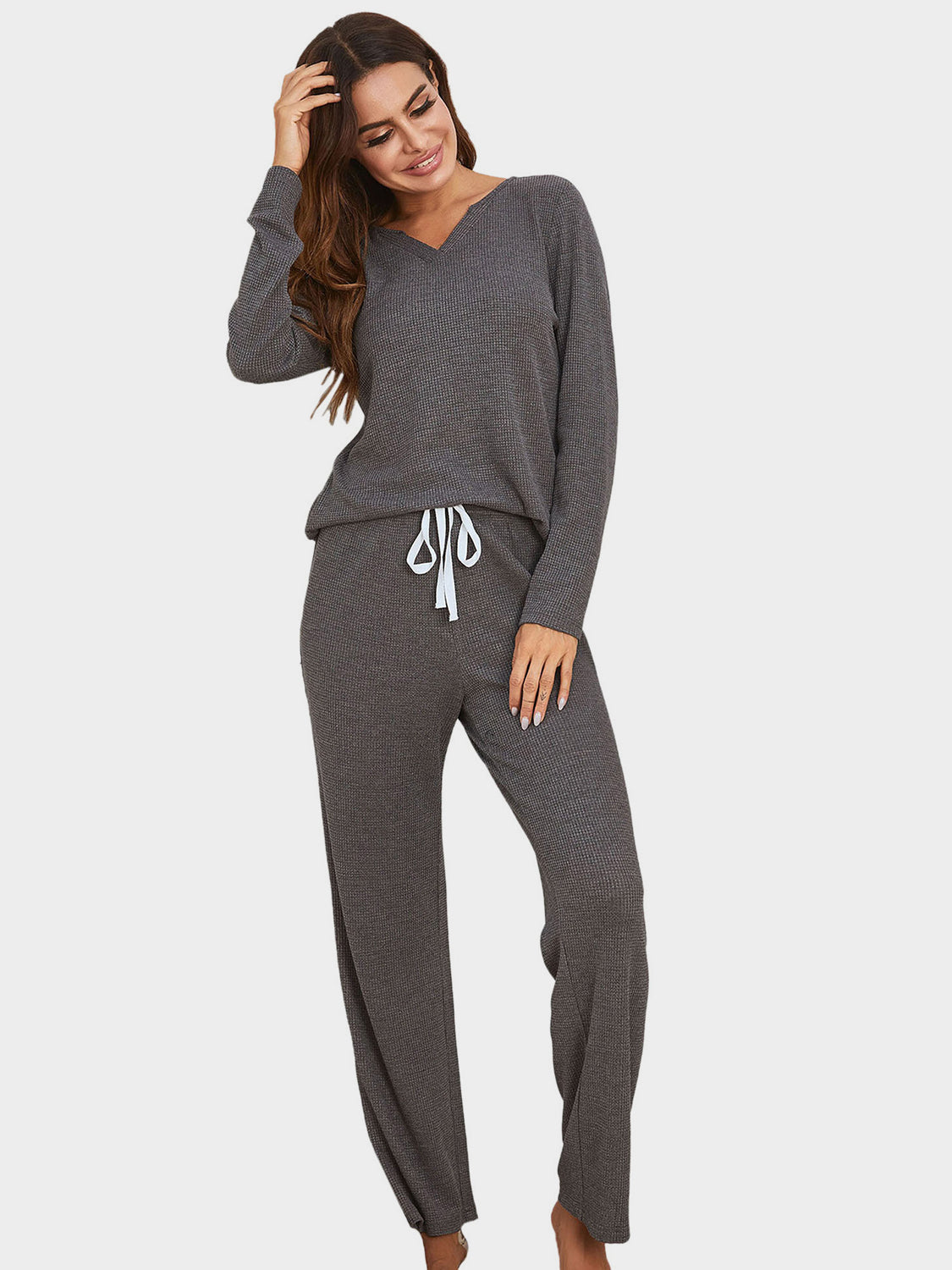 Notched Long Sleeve Top and Pants Set - 2 PCS. - T - 3 COLORS -