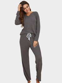 Thumbnail for Notched Long Sleeve Top and Pants Set - 2 PCS. - T - 3 COLORS -