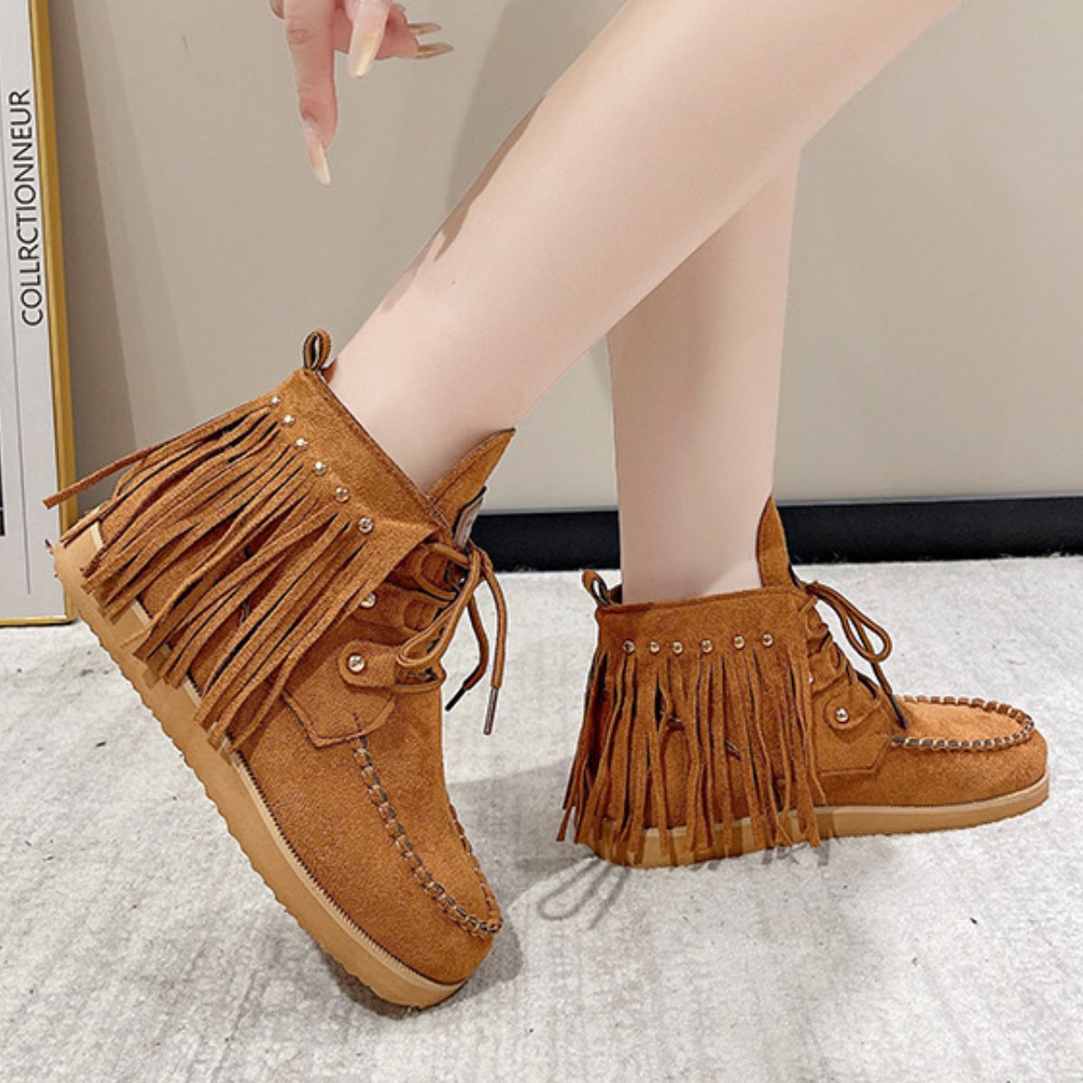 Fringe Studded Round Toe Canvas Boots - T - 3 COLORS -