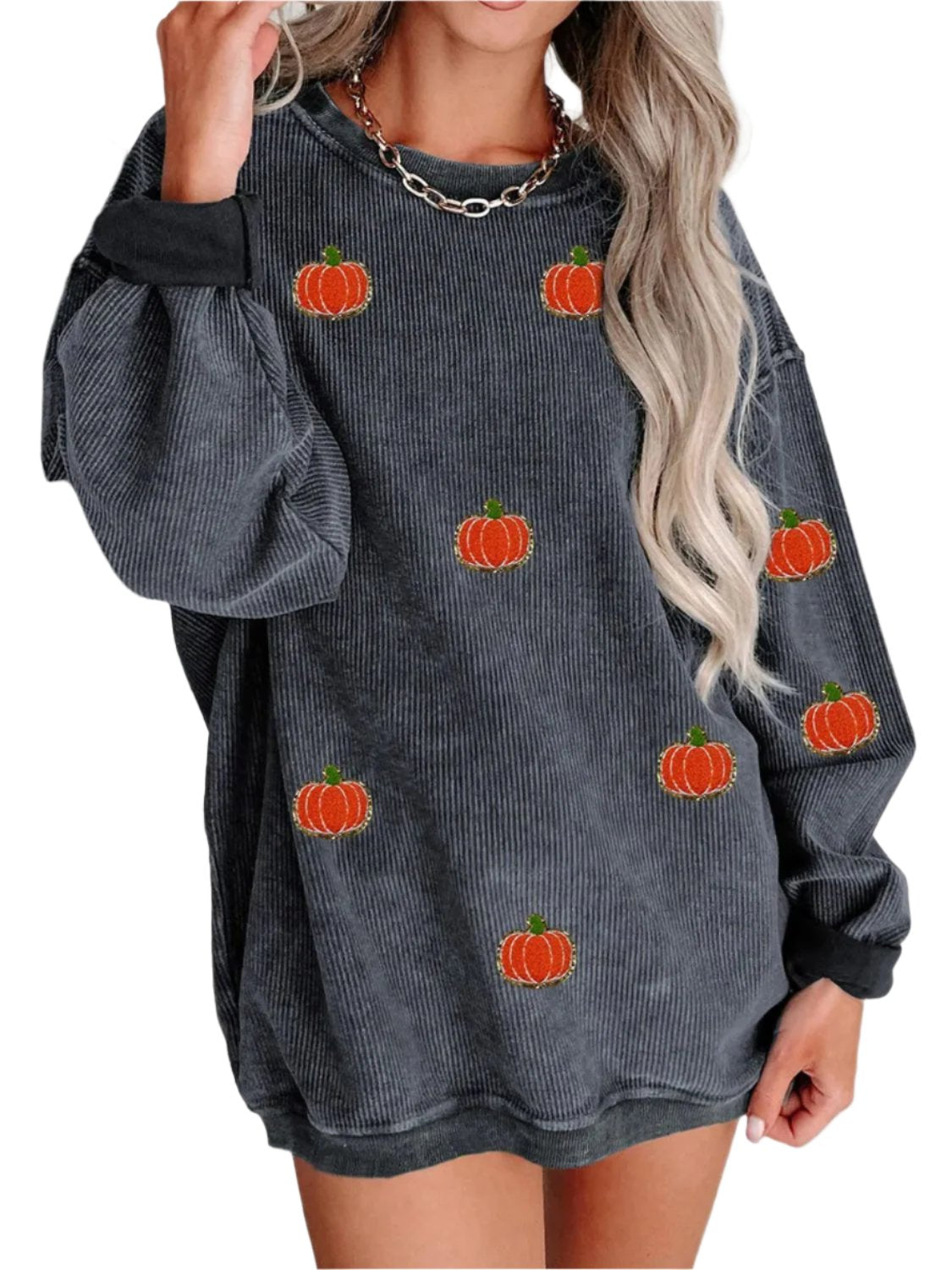 Pumpkin Round Neck Long Sleeve Sweatshirt - T - 2 COLORS -