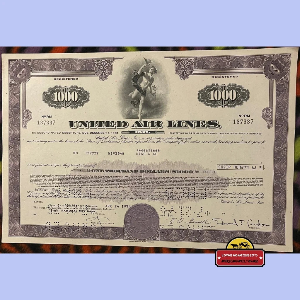 Vintage 1960s - 1970s United Air Lines Stock Certificate, 1000 Shares, Chicago, Il, Boise, ID