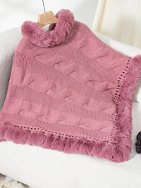 Thumbnail for Fuzzy Hem Cable-Knit Poncho - 1 SIZE - T - 6 COLORS -