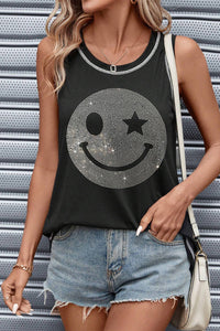 Thumbnail for Rhinestone Smile Face Round Neck Tank - T - 1 COLOR -