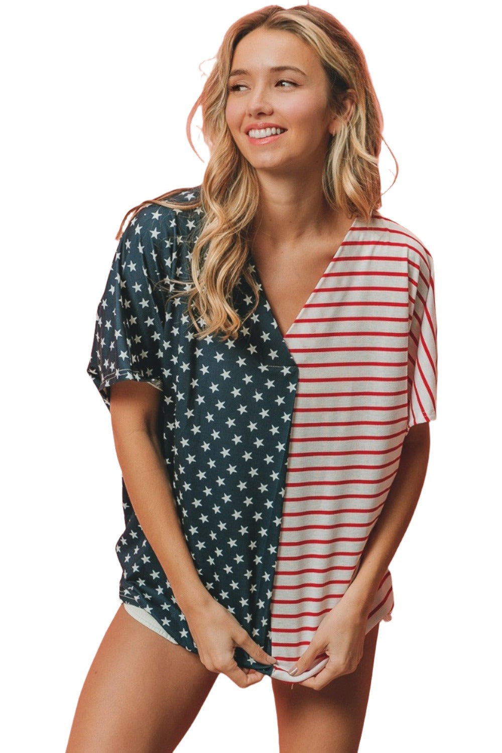 BiBi US Flag Themed Color Block Short Sleeve T-Shirt - T - 1 COLOR -