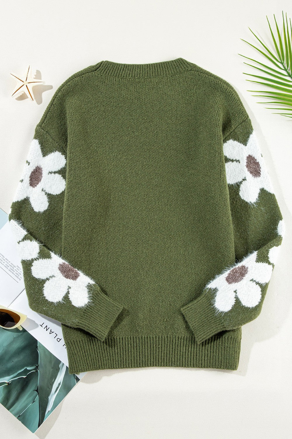 Flower Round Neck Long Sleeve Sweater - T - 5 COLORS -