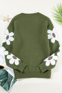 Thumbnail for Flower Round Neck Long Sleeve Sweater - T - 5 COLORS -