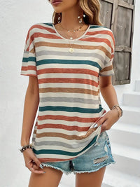 Thumbnail for Striped Round Neck Short Sleeve T-Shirt - T - 2 COLORS -