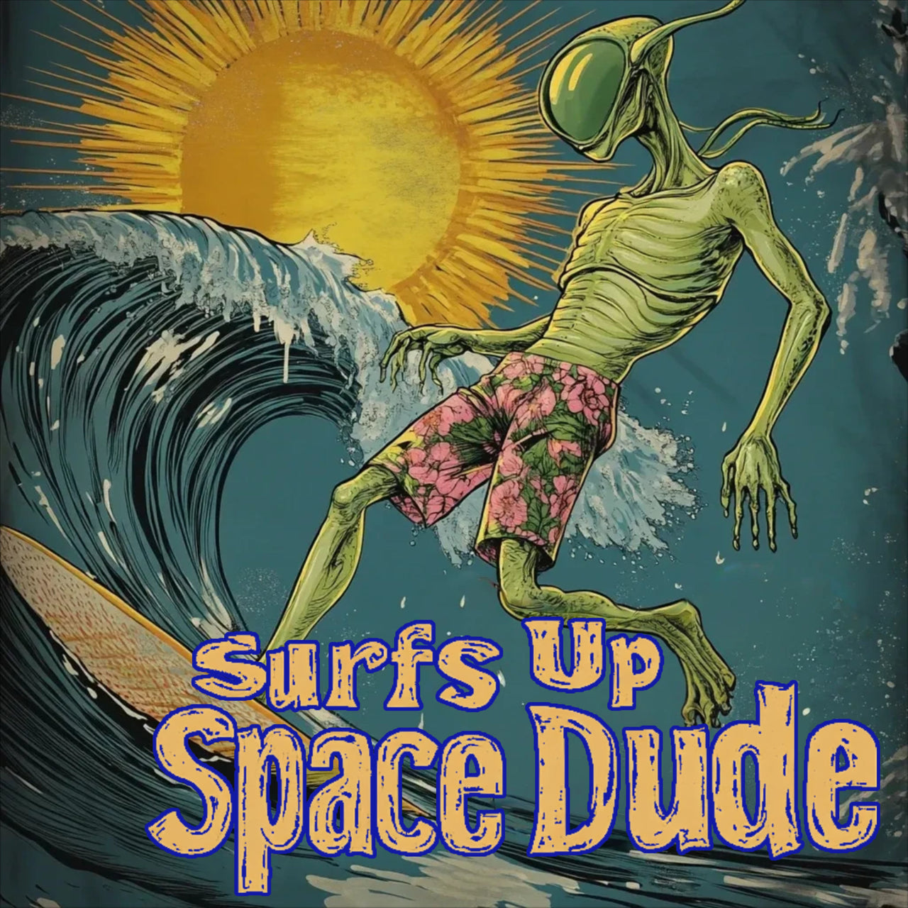 Surfs Up Space Dude Alien T-Shirt, Surfing Alien Tee - 2 COLORS -