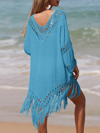 Thumbnail for Cutout Fringe Scoop Neck Cover-Up - 1 SIZE FITS ALL - T - 5 COLORS -