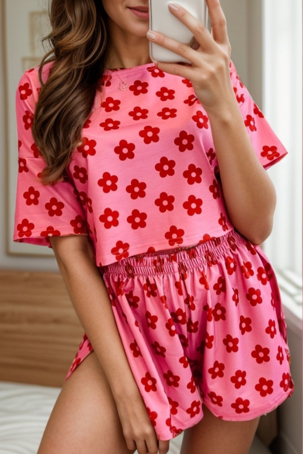 Flower Round Neck Top and Shorts Lounge Set - 2 PCS. - T - 1 COLOR -