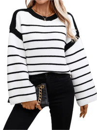 Thumbnail for Striped Round Neck Long Sleeve Sweater - T - 2 COLORS -