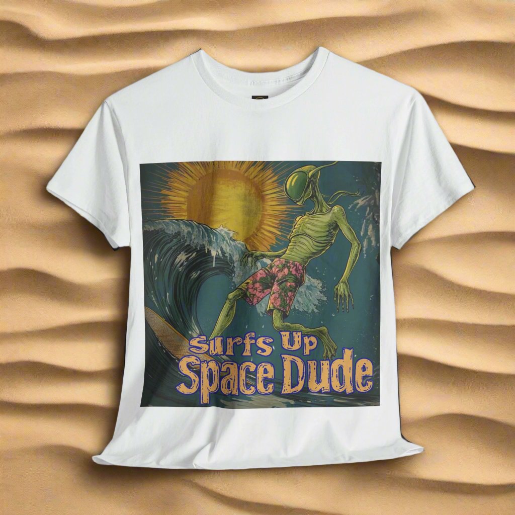 Surfs Up Space Dude Alien T-Shirt, Surfing Alien Tee - 2 COLORS -