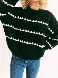 Thumbnail for Contrast Stripes Round Neck Long Sleeve Sweater - T - 2 COLORS -