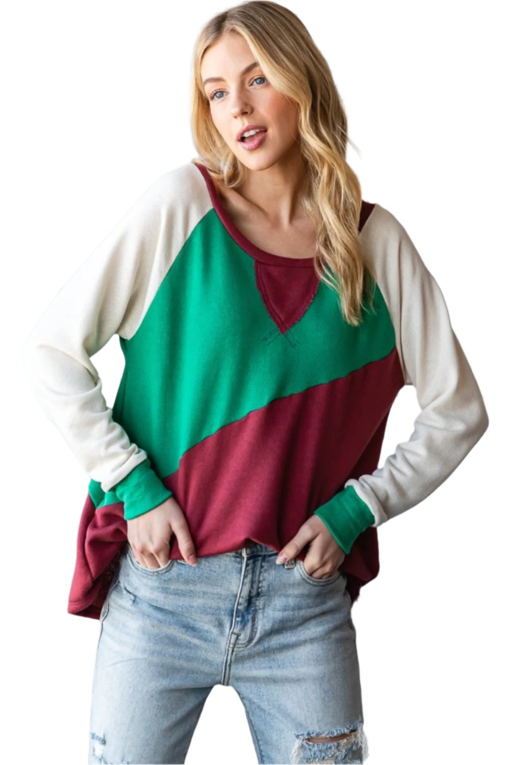 HOPELY Over Size Color Block Long Sleeve T-Shirt - T - 1 COLOR -