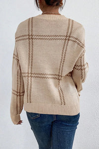 Thumbnail for Plaid Round Neck Dropped Shoulder Sweater - T - 1 COLOR -