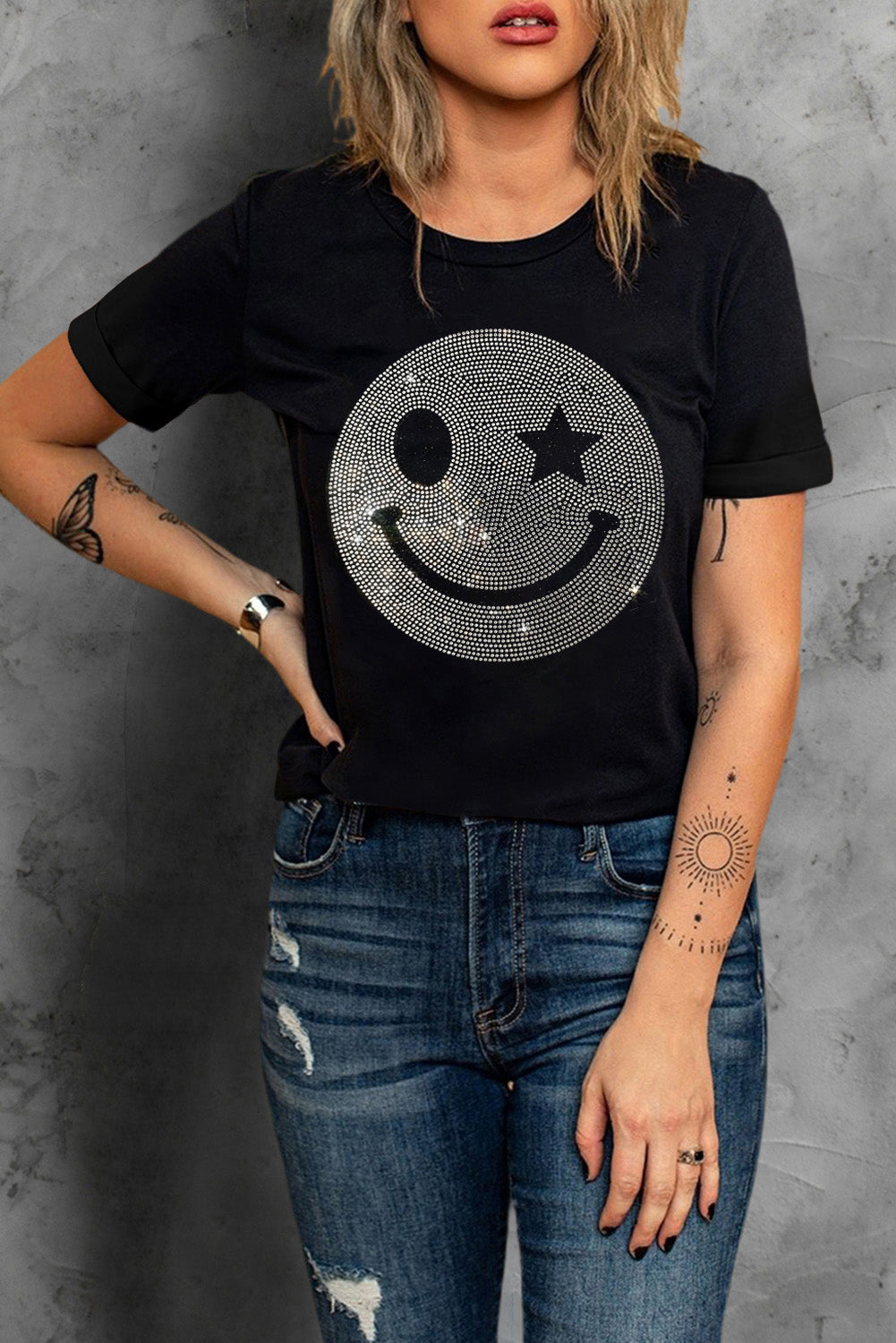 Rhinestone Print Smiley Round Neck Short Sleeve T-Shirt - T - 1 COLOR -