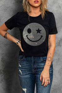 Thumbnail for Rhinestone Print Smiley Round Neck Short Sleeve T-Shirt - T - 1 COLOR -