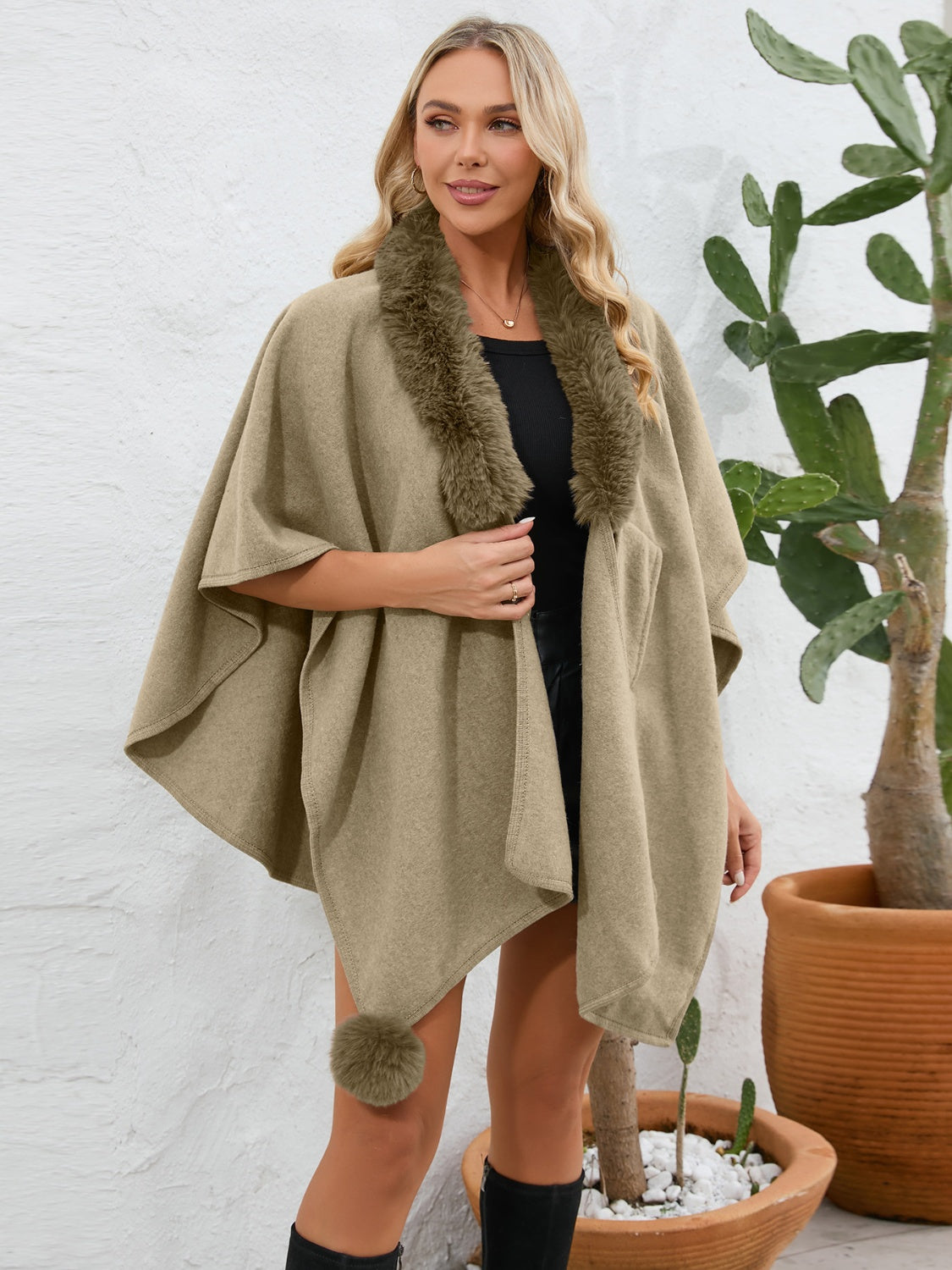 Fuzzy Trim Open Front Poncho - ONE SIZE - T - 6 COLORS -