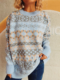 Thumbnail for Geometric Round Neck Dropped Shoulder Sweater - 1 OVERSIZE - T - 3 COLORS -