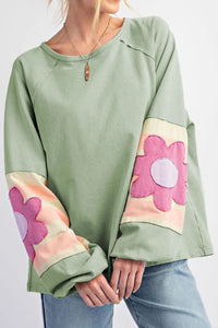 Thumbnail for Flower Patch Round Neck Balloon Sleeve Top - T - 3 COLORS -